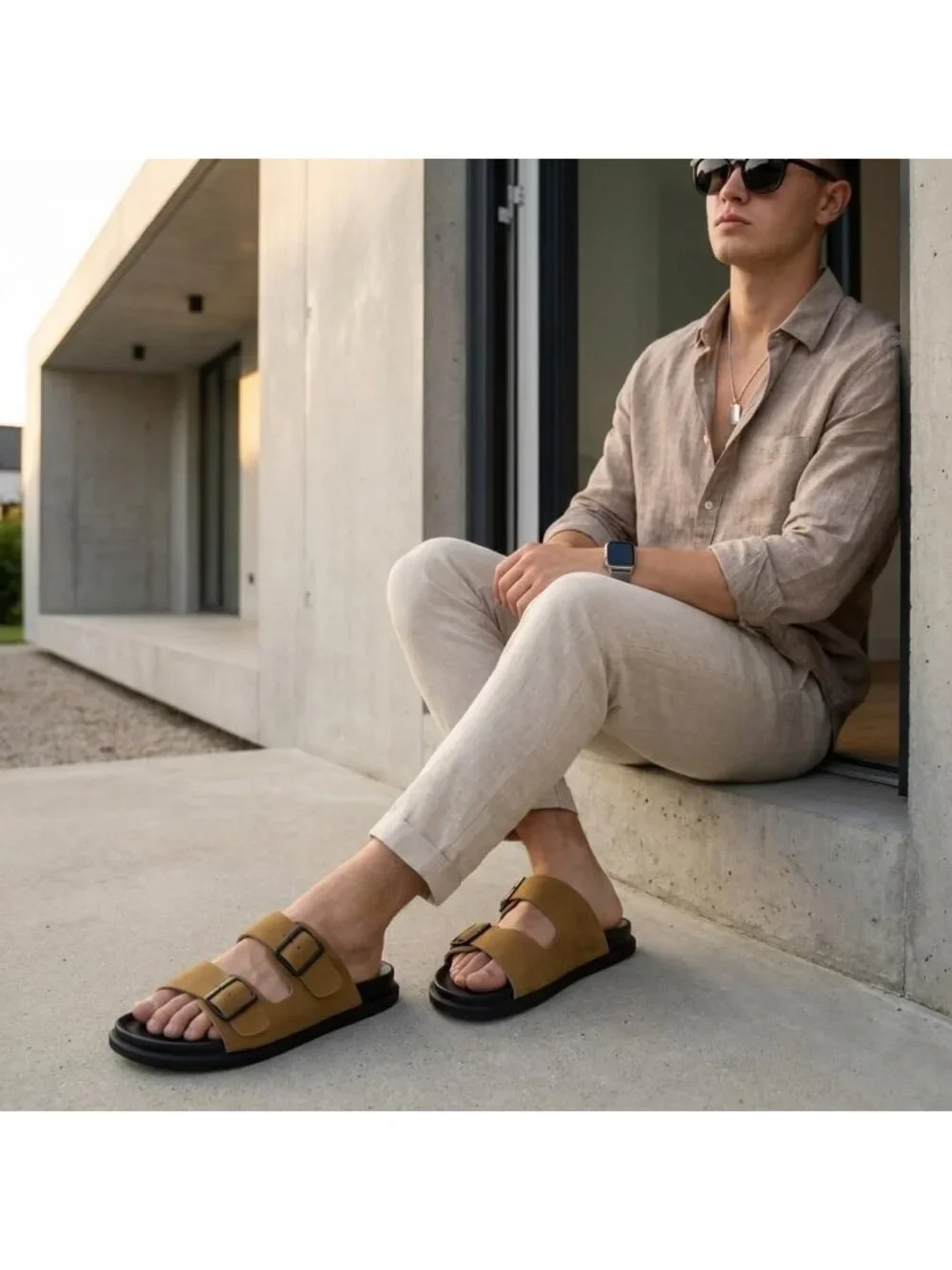Men's Camel Alpha Leather Sandals Casual Slip On Flat Adjustable Buckles